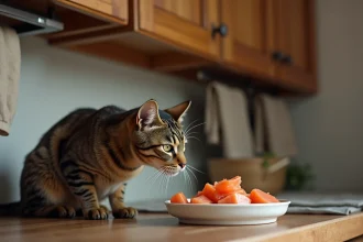 Chat tigré adulte reniflant un bol de nourriture fraîche composée de saumon cru et de poulet dans une cuisine rustique