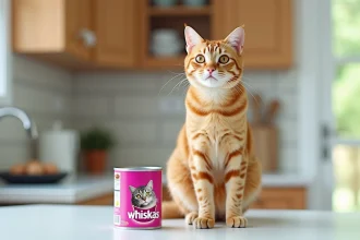 Chat tigré orange assis sur un plan de travail de cuisine à côté d'une boîte de nourriture Whiskas ouverte