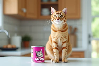 Chat tigré orange assis sur un plan de travail de cuisine à côté d'une boîte de nourriture Whiskas ouverte