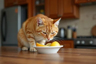 Chat roux s'approchant d'un bol de tranches de citron et d'orange sur un comptoir en bois, exprimant une réaction de répulsion face aux odeurs agrumes