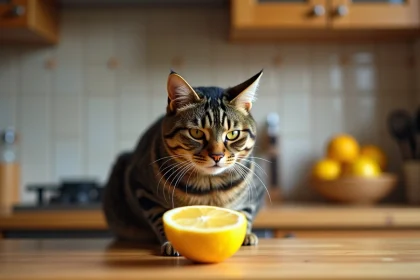 Chat tigré qui recule devant une tranche de citron sur un comptoir de cuisine, illustrant les odeurs détestées par les chats