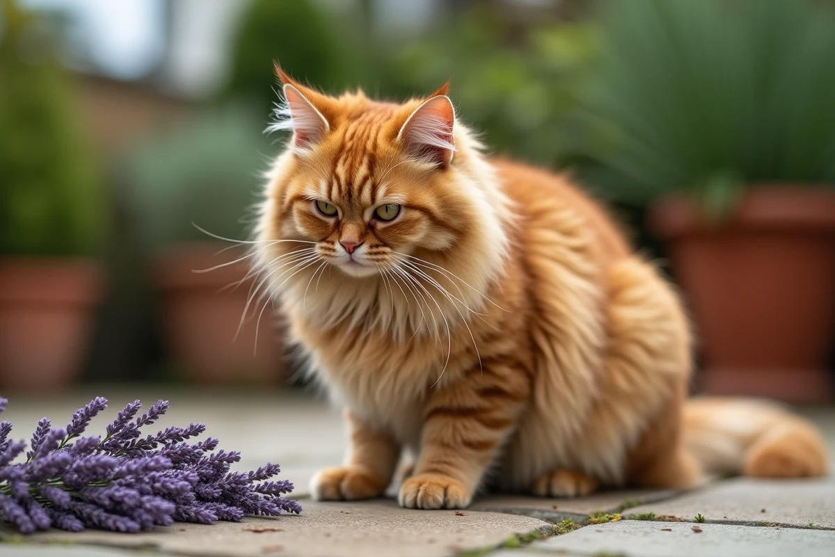 Chat persan orange s'éloignant de brins de lavande fraîche dans un jardin, montrant les plantes dont l'odeur repousse les chats