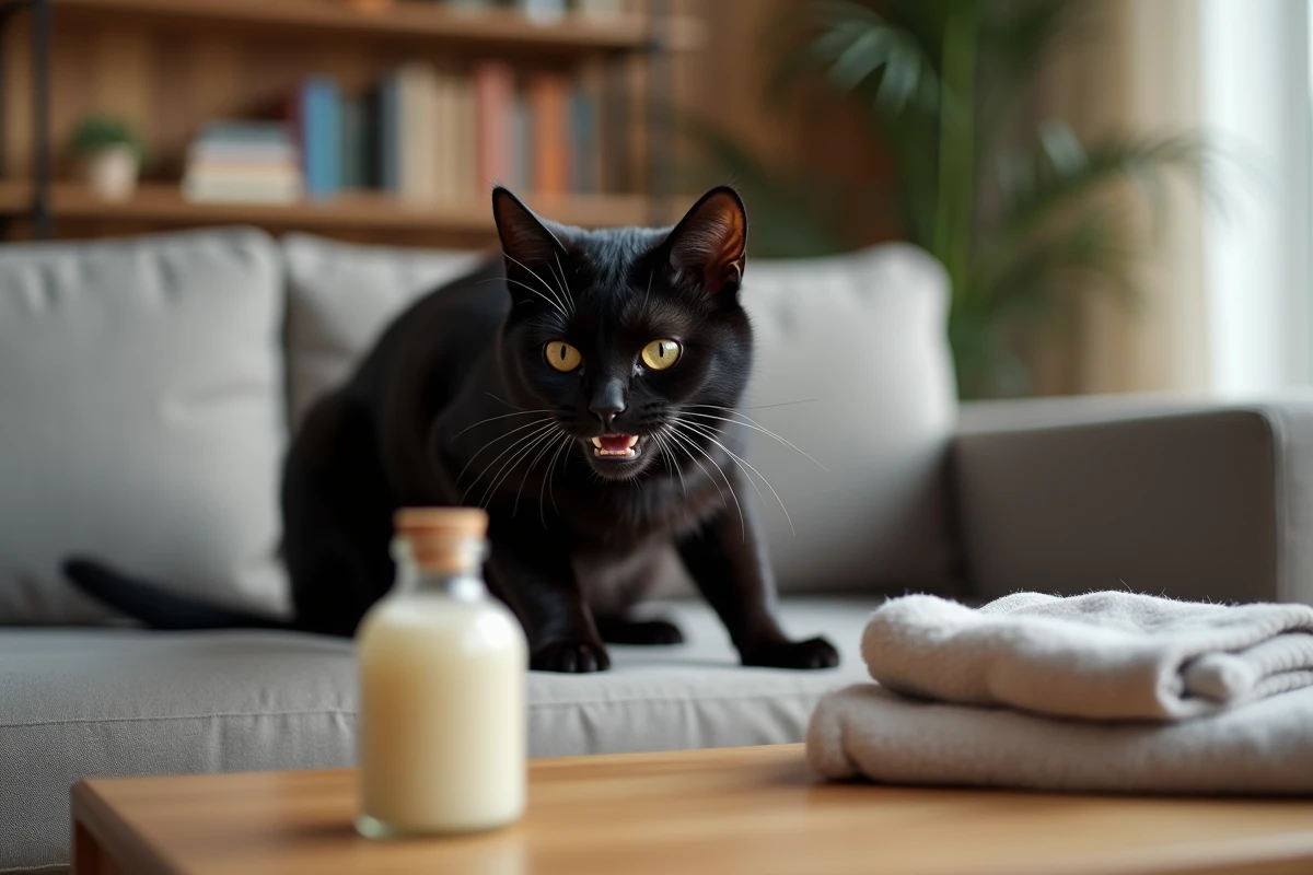 Chat noir sur un canapé qui grimace face à une bouteille de vinaigre blanc, représentant les odeurs que les chats ne supportent pas à l'intérieur