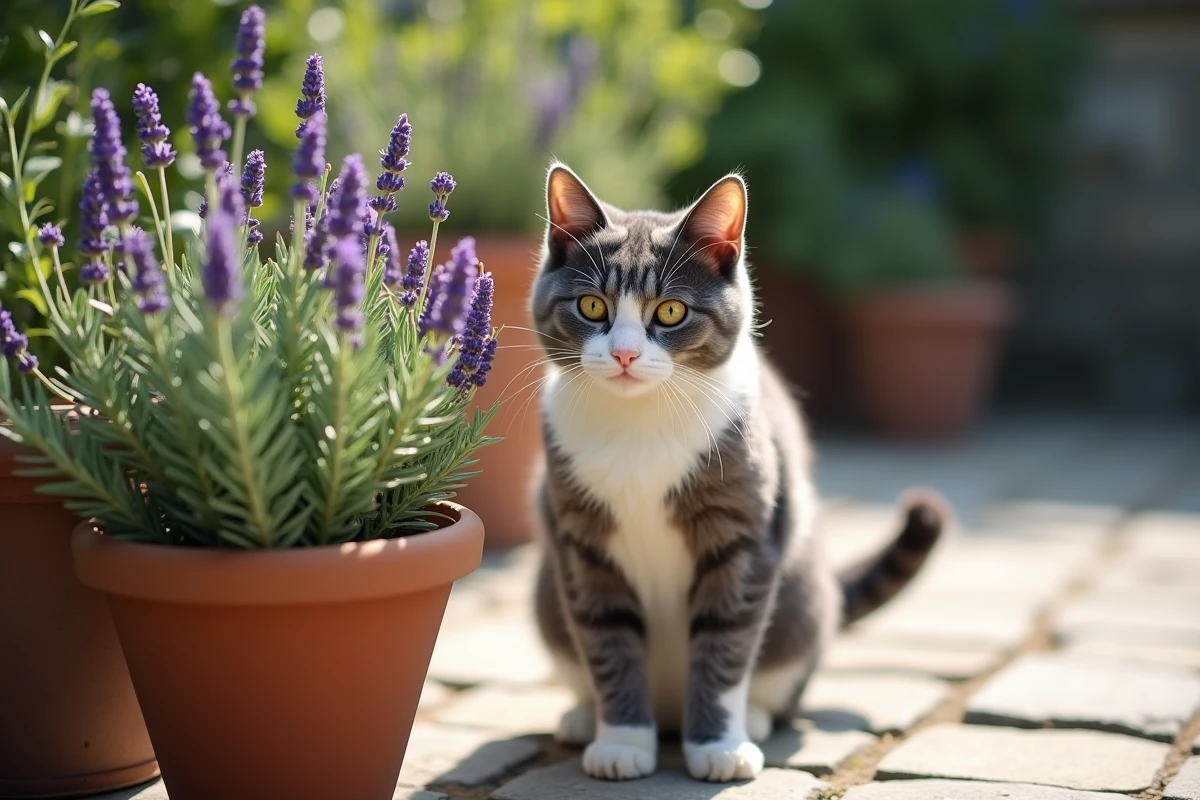 Chat gris et blanc se détournant de plantes répulsives comme la lavande et l'eucalyptus dans un pot en terre cuite sur une terrasse extérieure