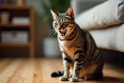 Chat tigré qui grogne sur un plancher en bois dans un salon cosy, oreilles aplaties et fourrure hérissée