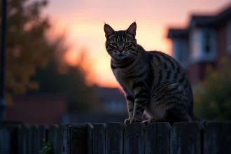 Chat tigré assis sur une clôture en bois au crépuscule, rentrant à la maison le soir dans un jardin résidentiel
