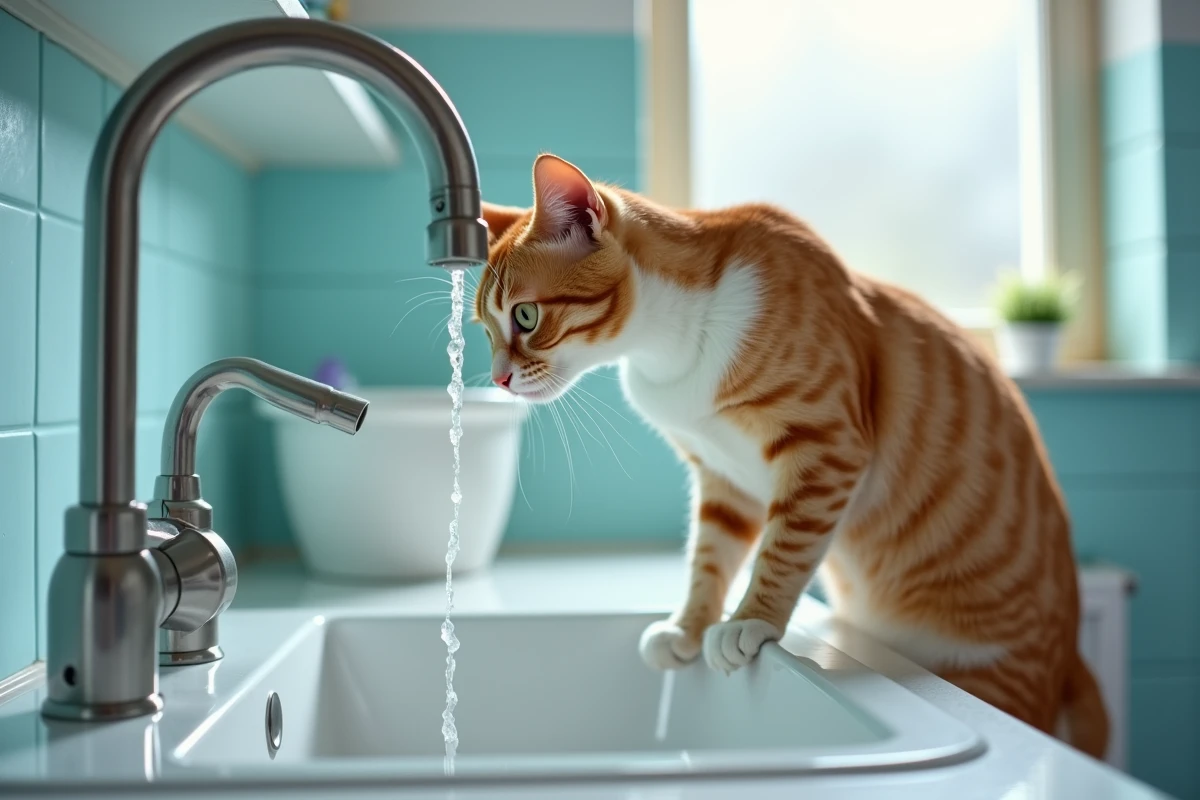 Chat roux buvant directement au robinet de cuisine, gouttes d'eau visibles autour de son museau