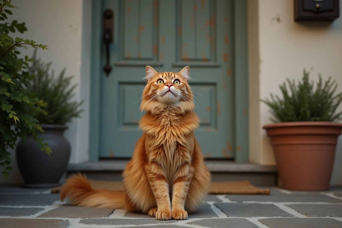 Chat roux à poils longs assis devant la porte d'entrée d'une maison, attendant de rentrer le soir