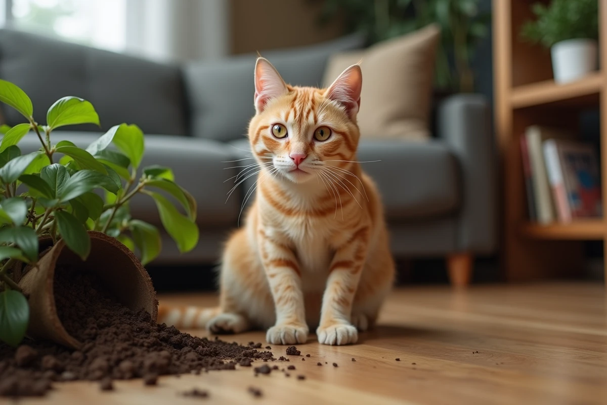 Chat roux stressé assis sur le parquet d'un appartement, yeux dilatés et posture tendue, signe de stress félin