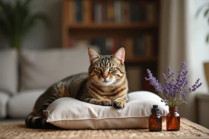Chat tigré au repos sur un coussin en lin entouré de remèdes naturels pour animaux sensibles