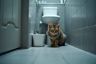 Chat tigré stressé accroupi près d'une litière dans une salle de bain, illustrant le stress urinaire félin