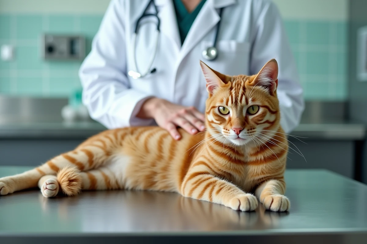 Chat roux stressé sur une table d'examen vétérinaire avec un vétérinaire en blouse blanche cherchant à le calmer