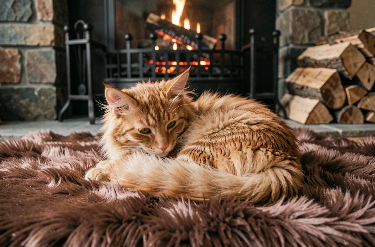 Chaton roux à poils longs blotti sur un tapis moelleux devant une cheminée en pierre en hiver