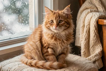 Chaton roux à poils longs assis sur une couverture en laine près d'une fenêtre givrée en hiver