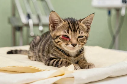 Chaton tigré avec ulcère oculaire lors d'un examen vétérinaire, œil légèrement fermé et irrité