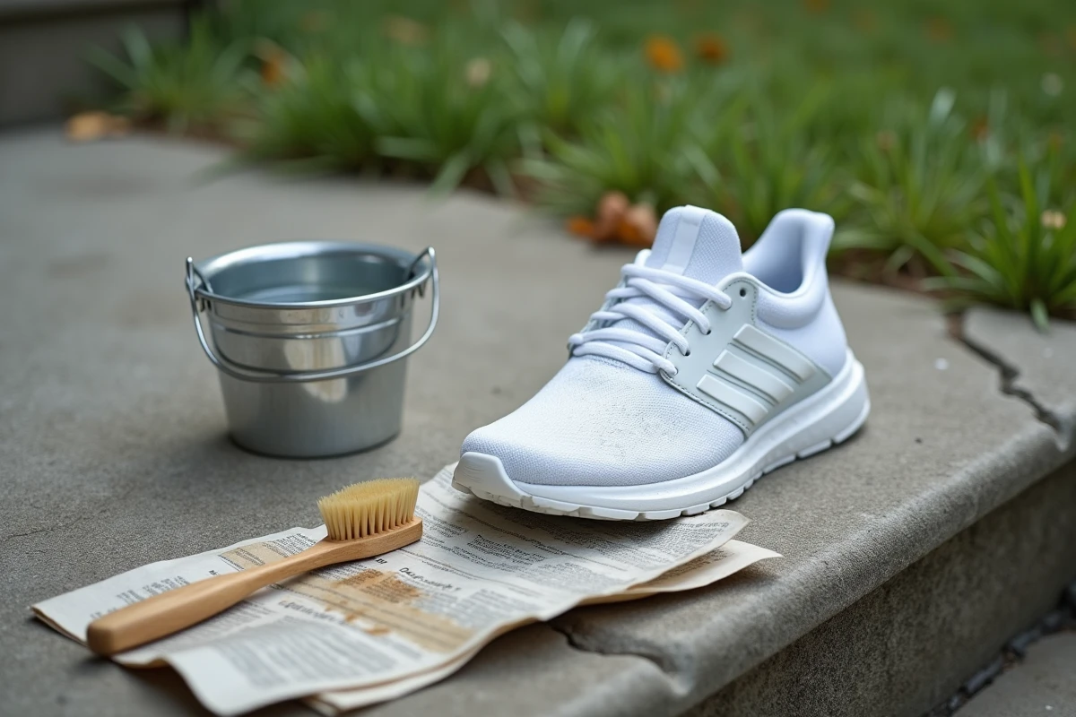 Chaussure de sport retournée sur une marche en béton avec brosse à dents et eau savonneuse pour nettoyer une crotte de chien