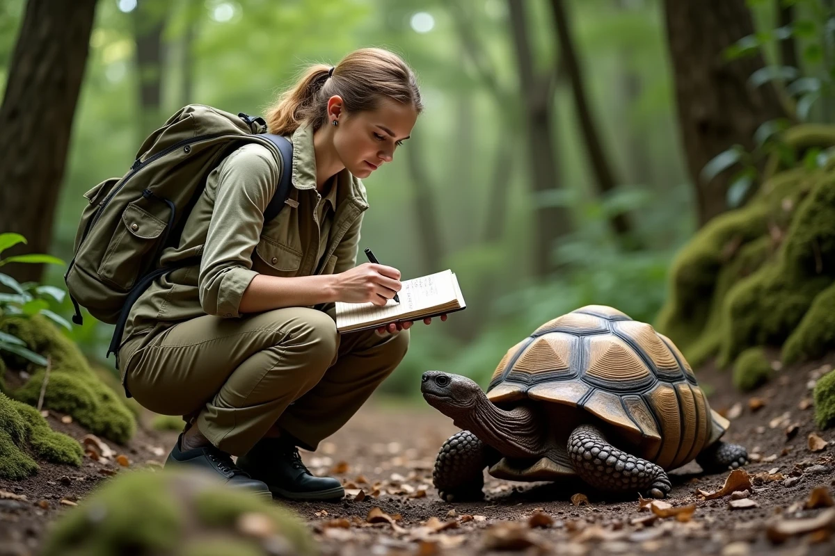 Chercheuse de terrain identifiant une tortue sauvage avec sa nomenclature scientifique dans son habitat naturel