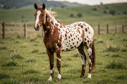 Cheval Appaloosa de race en prairie avec robe tachetée distinctive, vue trois quarts pour identifier les caractéristiques de la race