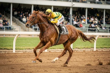 Cheval de course pur-sang au galop sur une piste hippodrome avec jockey en selle
