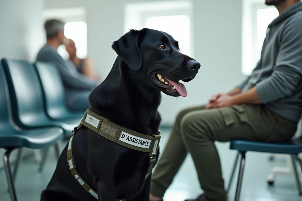 Labrador noir chien d'assistance assis dans une salle d'attente d'hôpital avec son maître