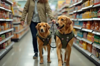 Chien d'assistance golden retriever portant un gilet vert en supermarché aux côtés de sa maîtresse