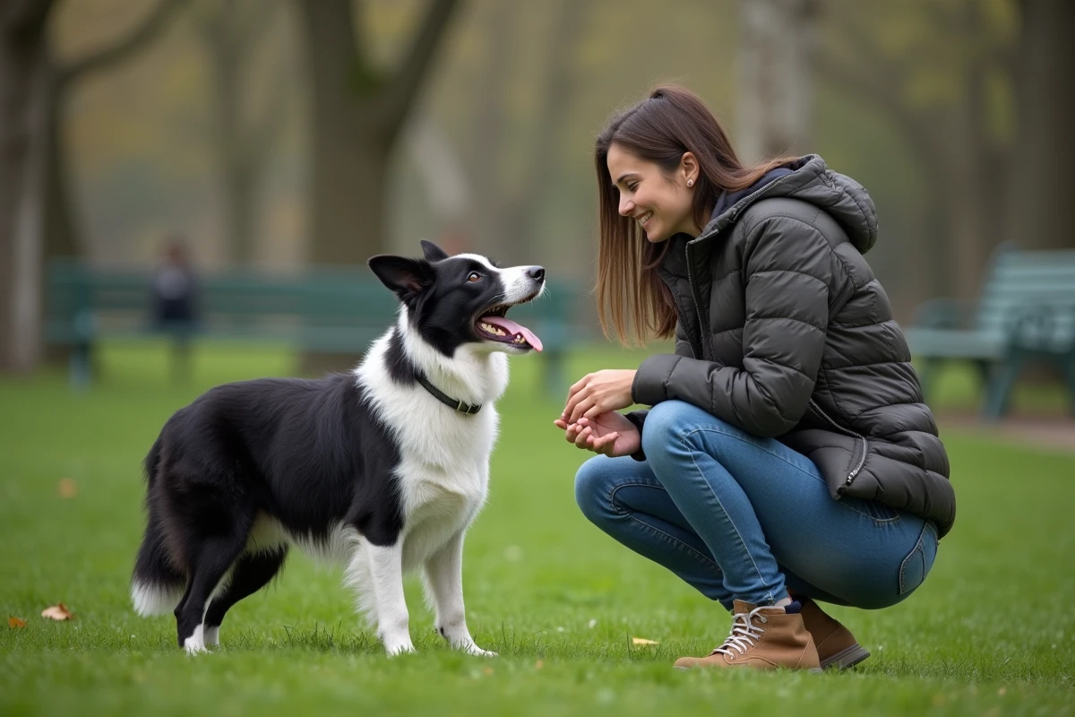 Border collie bâillant de stress dans un parc en présence de sa maîtresse attentive
