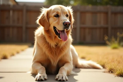 Chien golden retriever haletant sur un sol béton chaud lors d'une journée à 40 degrés