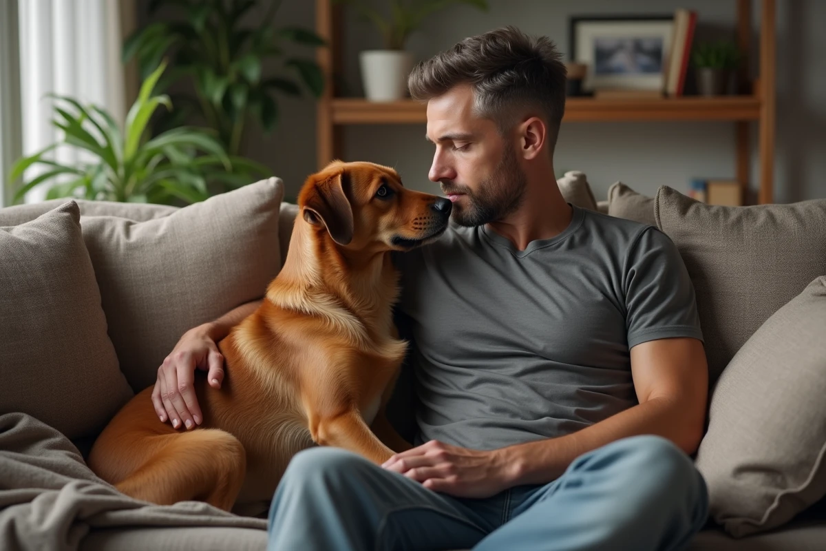 Chien collé contre son maître sur un canapé, comportement de dominance ou d'affection chez le chien