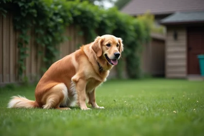 Chien golden retriever en train de faire ses besoins dans un jardin avec des crottes blanches visibles sur l'herbe