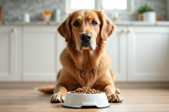 Chien golden retriever assis devant sa gamelle remplie de croquettes dans une cuisine moderne