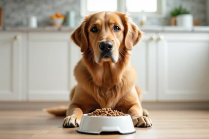 Chien golden retriever assis devant sa gamelle remplie de croquettes dans une cuisine moderne