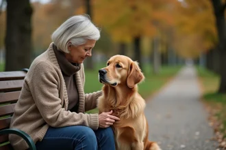 Femme et golden retriever assis ensemble sur un banc de parc, illustrant la fidélité du chien envers l'humain
