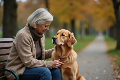 Femme et golden retriever assis ensemble sur un banc de parc, illustrant la fidélité du chien envers l'humain