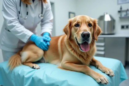 Chien golden retriever examiné par un vétérinaire pour des fistules périanales en clinique vétérinaire