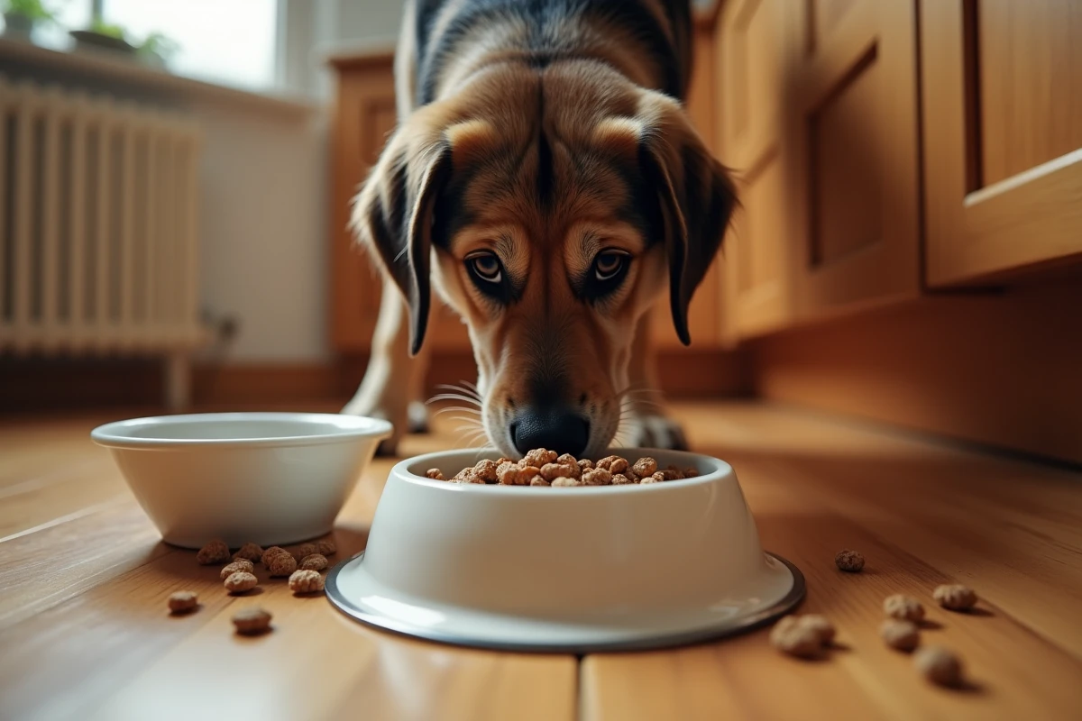 Chien labrador reniflant sa gamelle de croquettes digestives posée sur un sol en bois de cuisine