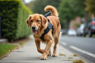 Chien golden retriever portant un harnais qui tire en avant lors d'une promenade, illustrant les contraintes posturales liées au port du harnais