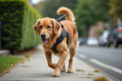 Chien golden retriever portant un harnais qui tire en avant lors d'une promenade, illustrant les contraintes posturales liées au port du harnais