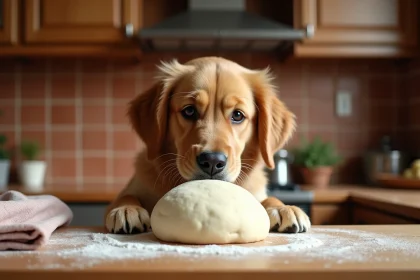 Chien golden retriever reniflant de la pâte à pain crue sur un plan de travail en bois dans une cuisine familiale