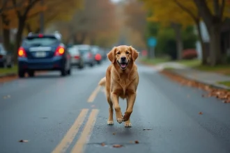 Chien debout au milieu de la route face à une voiture en train de freiner dans une rue résidentielle