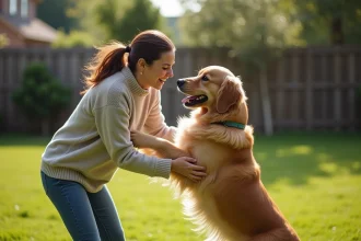 Chien golden retriever qui saute sur sa propriétaire dans un jardin, comportement de montage expliqué