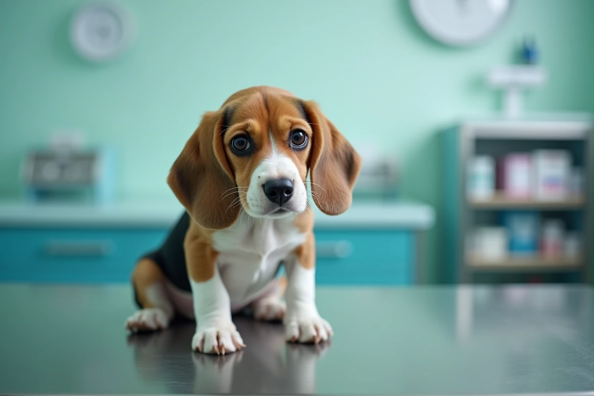 Beagle stressé sur une table d'examen vétérinaire avec une posture crispée et un regard hypervigilant