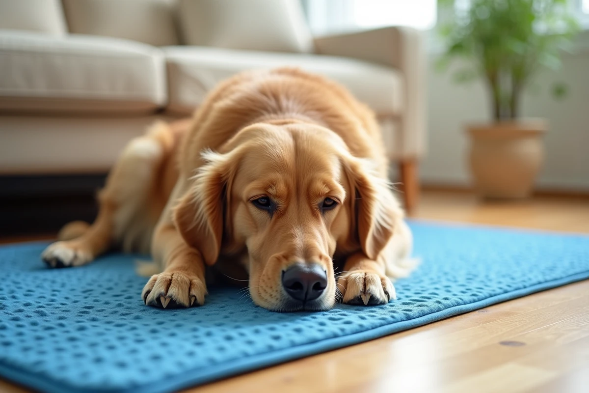 Chien golden retriever allongé sur un tapis rafraîchissant bleu en gel dans un salon, illustrant l'utilisation d'un tapis de refroidissement pour chien en été