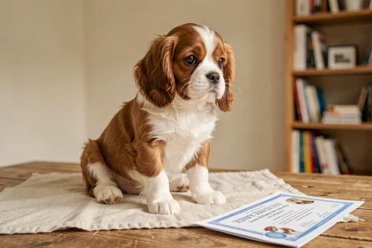 Chiot Cavalier King Charles Spaniel posé sur une table en bois avec un certificat de pedigree et un carnet de santé vétérinaire
