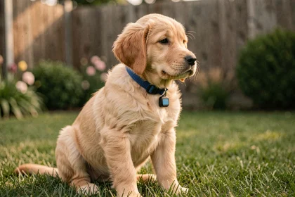 Chiot golden retriever portant un collier GPS rouge dans un jardin verdoyant