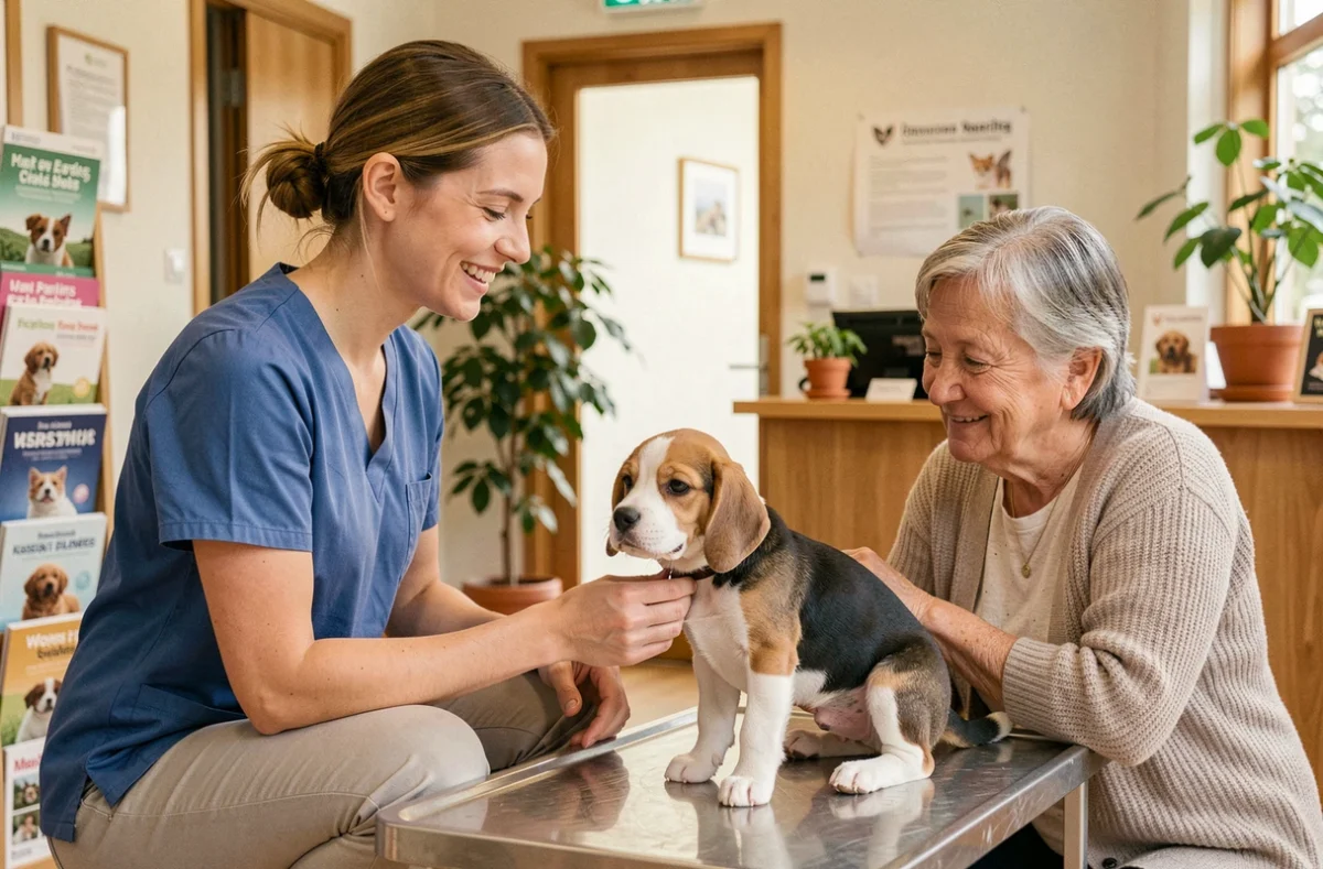 Vétérinaire souriante examinant un chiot beagle dans une clinique vétérinaire de quartier à Nantes