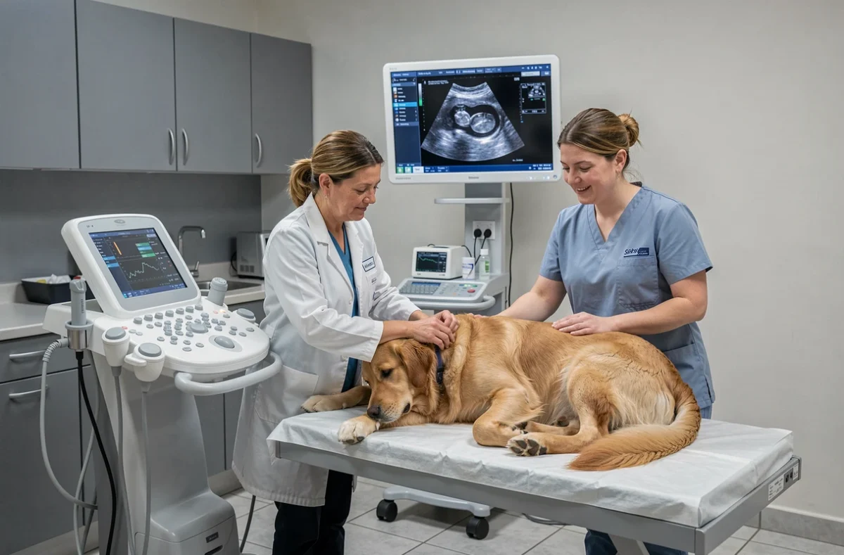 Vétérinaire réalisant une échographie sur un golden retriever dans une clinique du centre-ville d'Angers