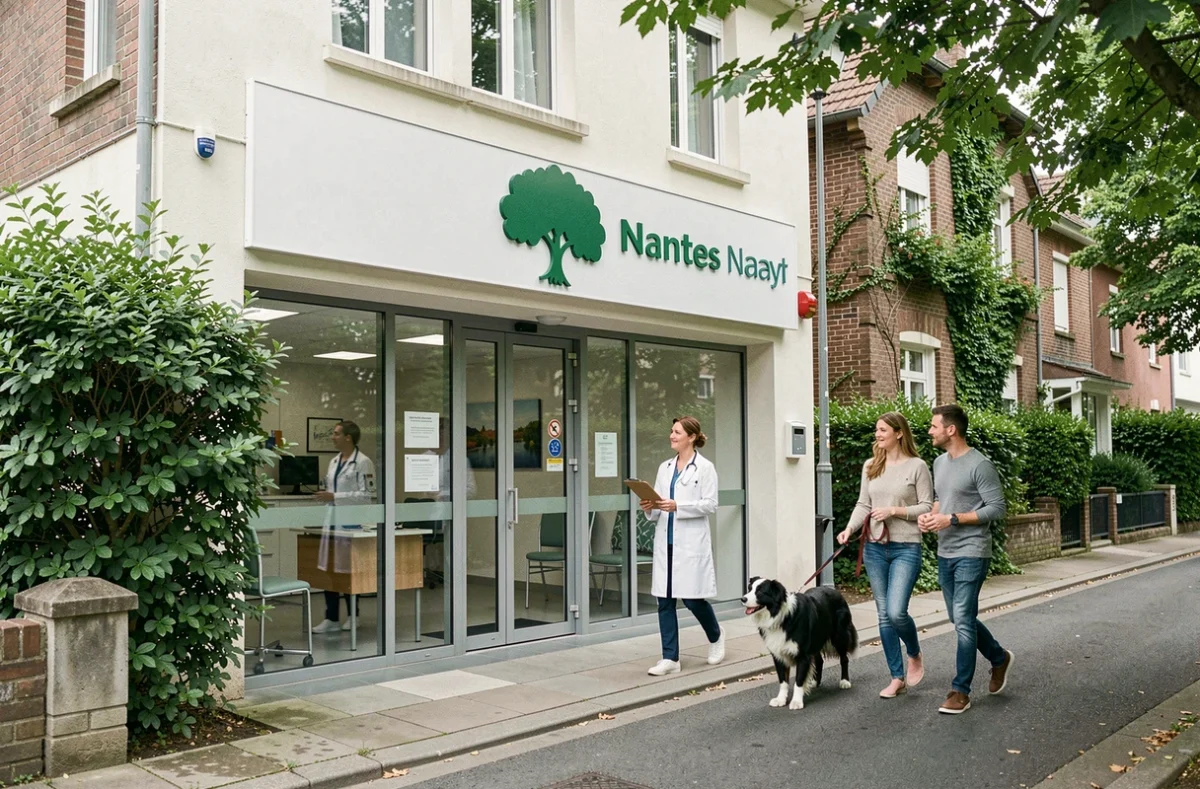 Façade d'une clinique vétérinaire de quartier à Nantes avec des clients arrivant avec un border collie