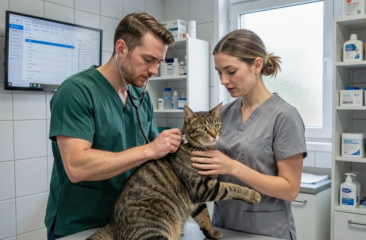 Vétérinaire et infirmière examinant un chat tigré avec un stéthoscope dans une salle de consultation à Nantes