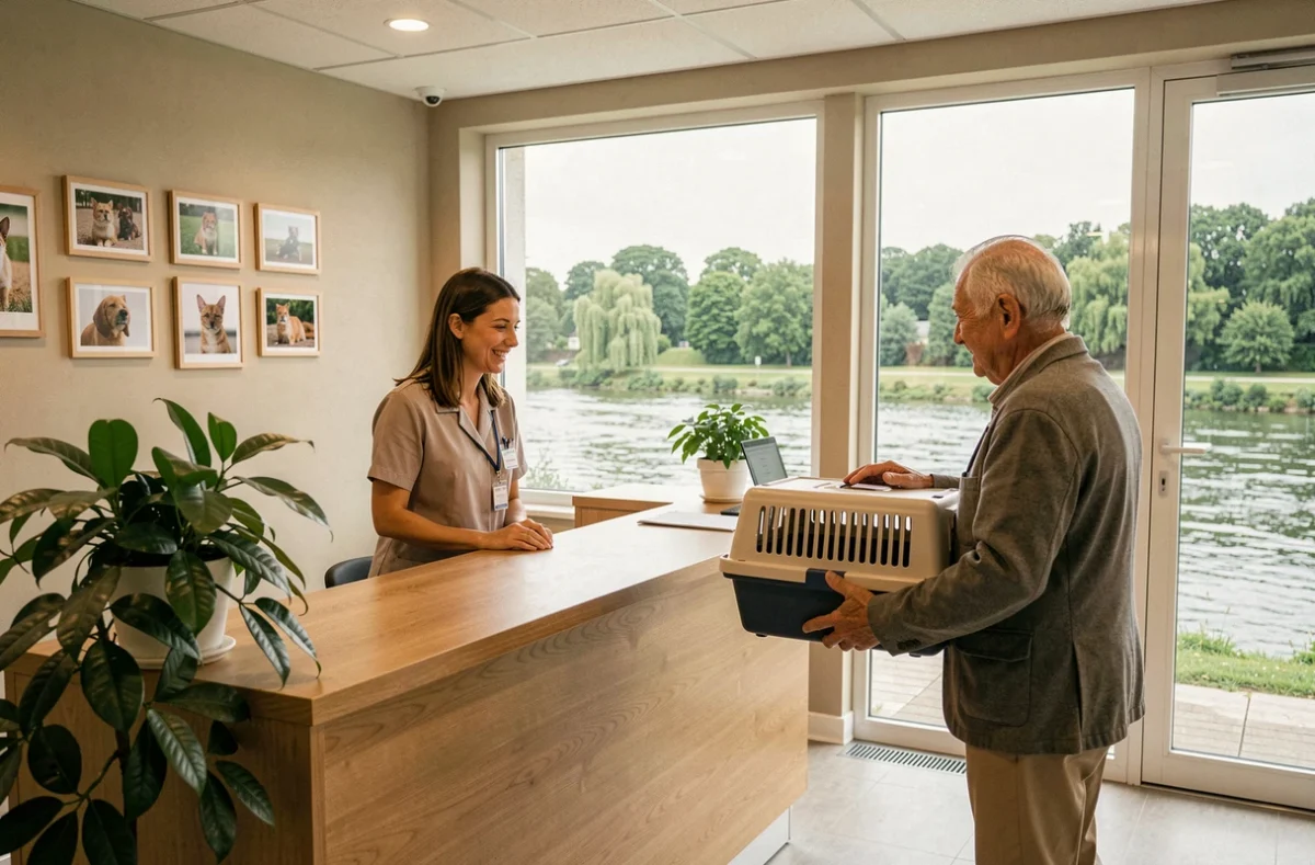 Accueil d'une clinique vétérinaire lumineuse près de l'Erdre à Nantes avec une réceptionniste et un client