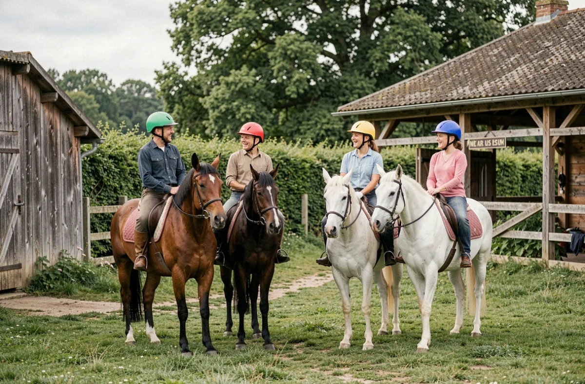 Groupe de cavaliers se préparant pour une sortie au Club Hippique de Montcharlon Chiddes dans la Nièvre